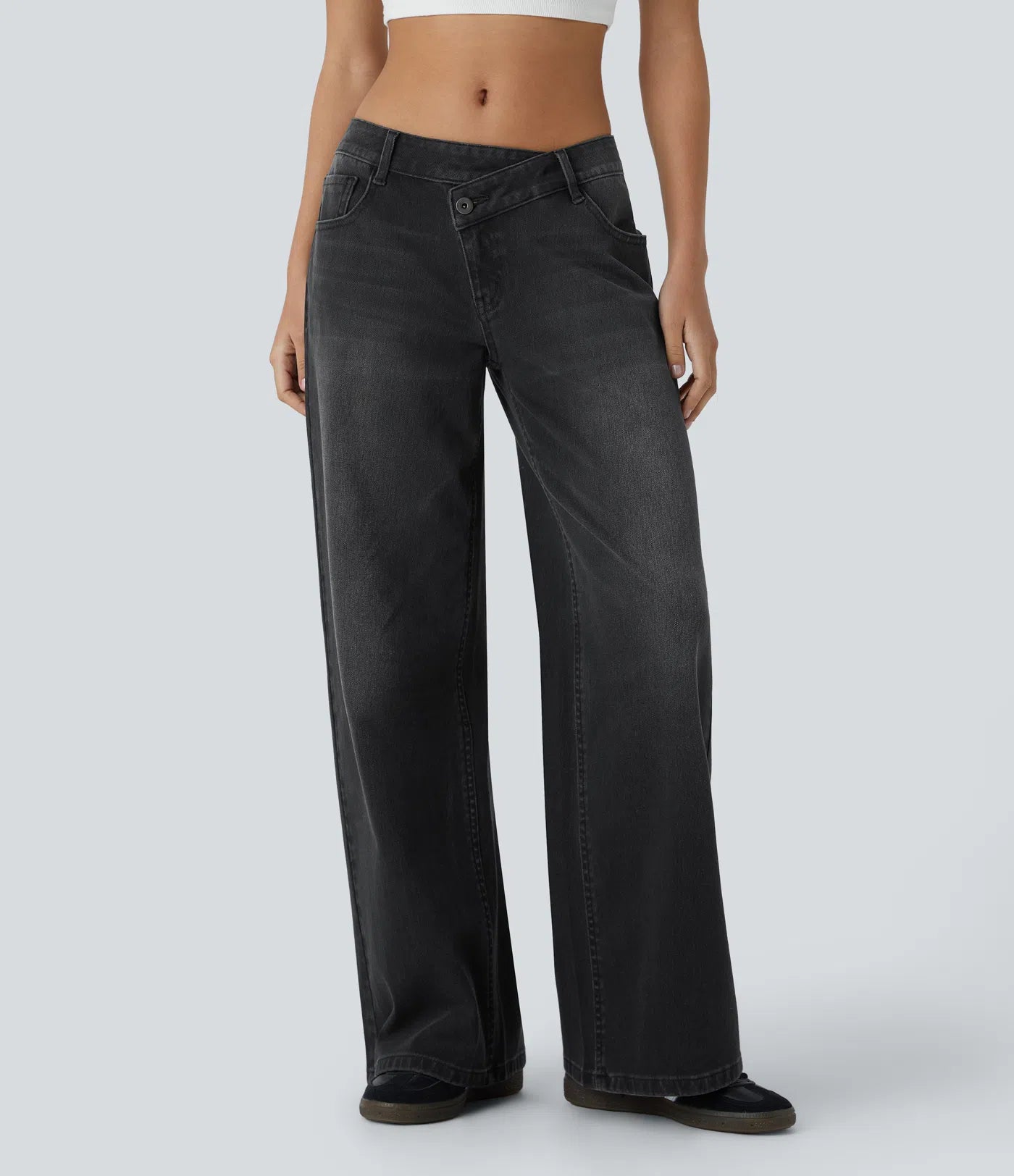 Flex Asymmetriske Lavt Liv Jeans Med Glidelåslommer, Baggy Wide Leg, Vasket Casual