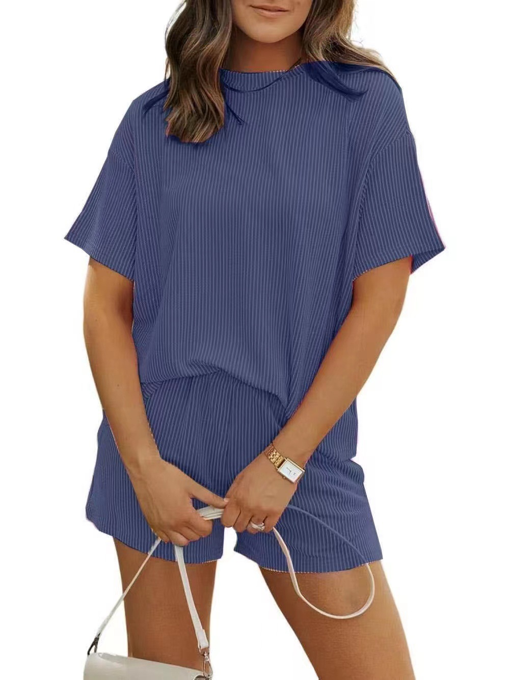 Nordyx™ Ribbestrikket loungessett med løs T-skjorte og shorts med lommer