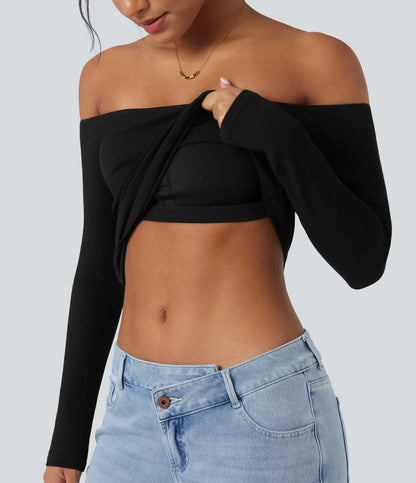 Ribbestrikket off-shoulder topp – 2-i-1 med lange ermer