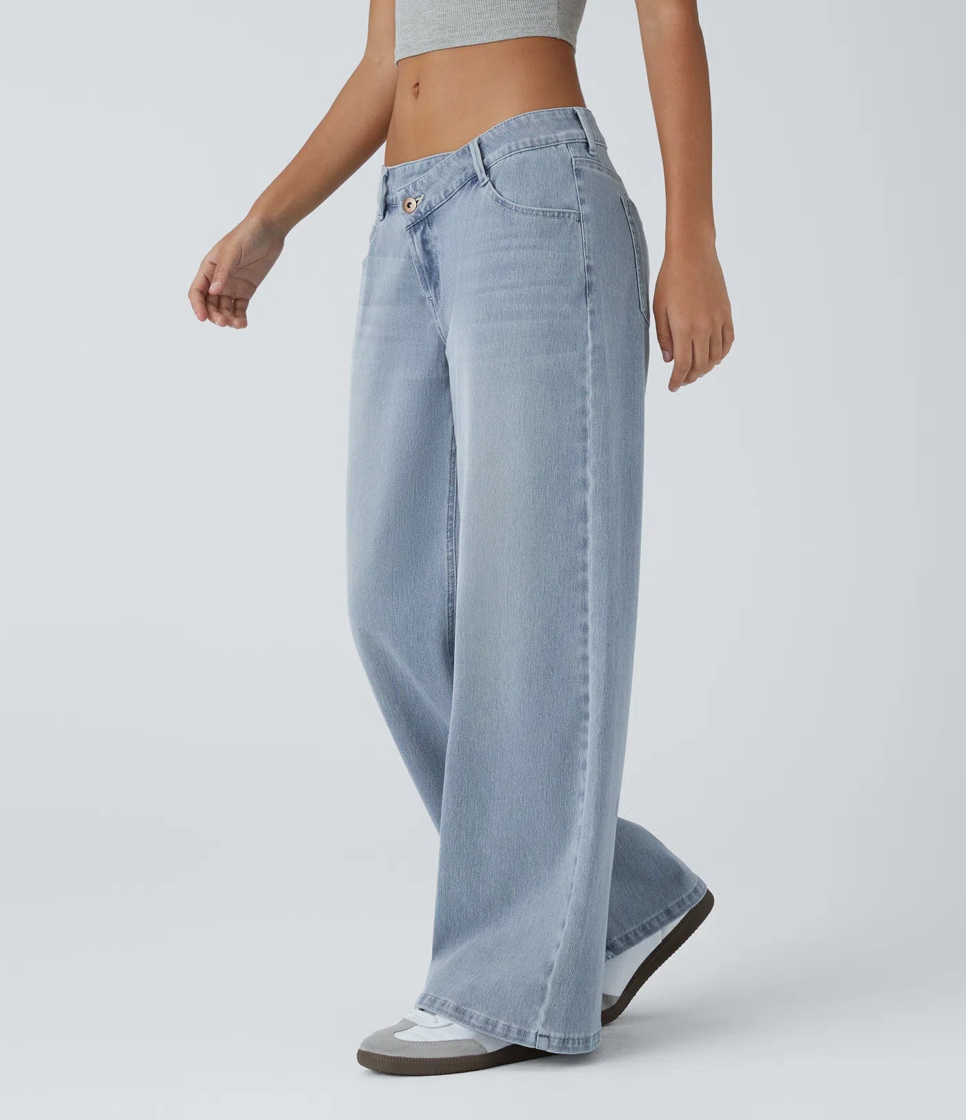 Flex Asymmetriske Lavt Liv Jeans Med Glidelåslommer, Baggy Wide Leg, Vasket Casual