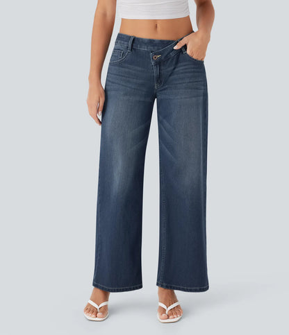Flex Asymmetriske Lavt Liv Jeans Med Glidelåslommer, Baggy Wide Leg, Vasket Casual