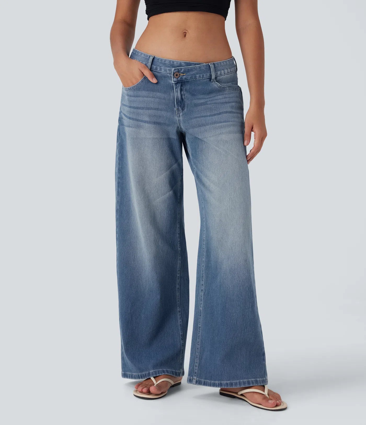 Flex Asymmetriske Lavt Liv Jeans Med Glidelåslommer, Baggy Wide Leg, Vasket Casual