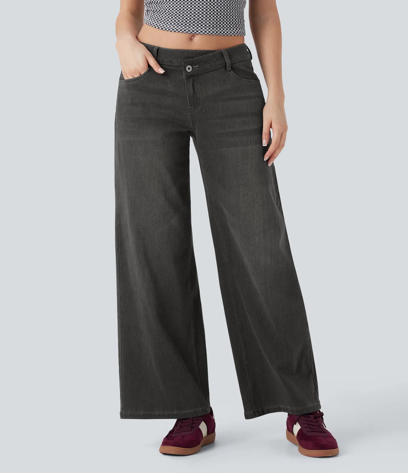Flex Asymmetriske Lavt Liv Jeans Med Glidelåslommer, Baggy Wide Leg, Vasket Casual