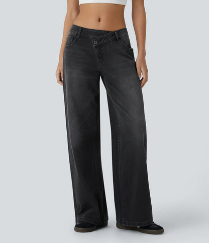Flex Asymmetriske Lavt Liv Jeans Med Glidelåslommer, Baggy Wide Leg, Vasket Casual