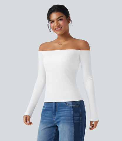 Ribbestrikket off-shoulder topp – 2-i-1 med lange ermer