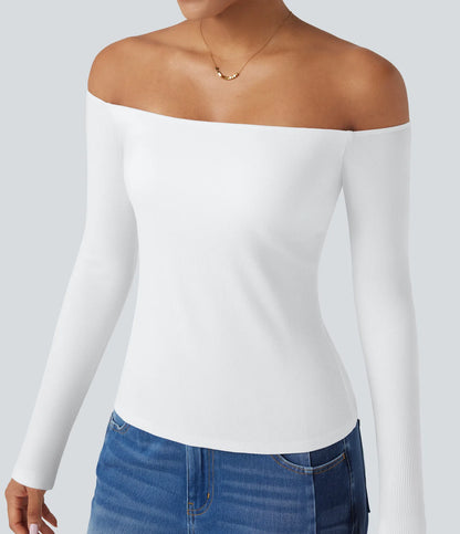 Ribbestrikket off-shoulder topp – 2-i-1 med lange ermer