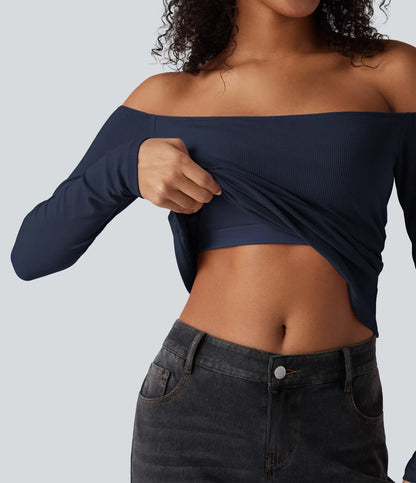 Ribbestrikket off-shoulder topp – 2-i-1 med lange ermer