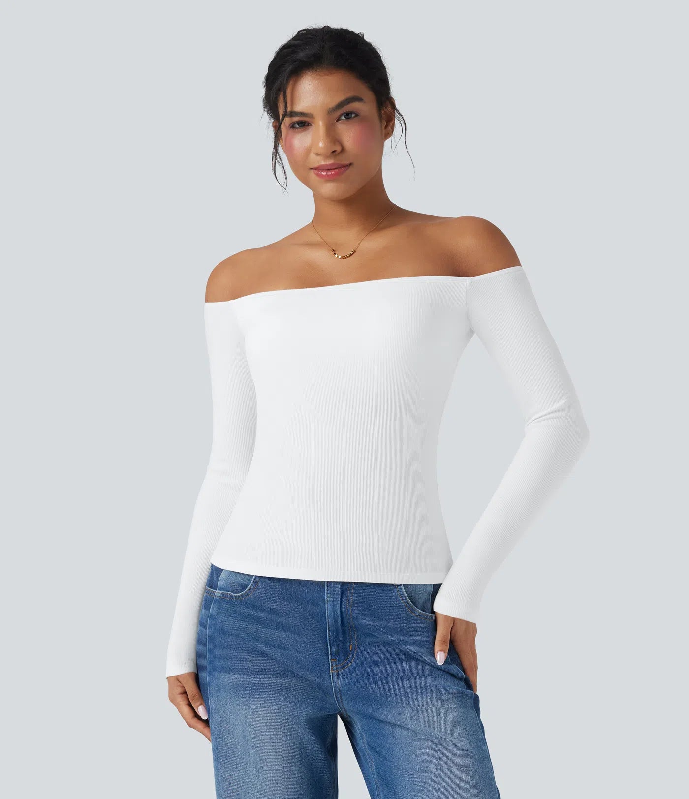 Ribbestrikket off-shoulder topp – 2-i-1 med lange ermer