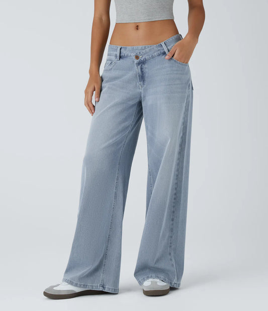 Flex Asymmetriske Lavt Liv Jeans Med Glidelåslommer, Baggy Wide Leg, Vasket Casual