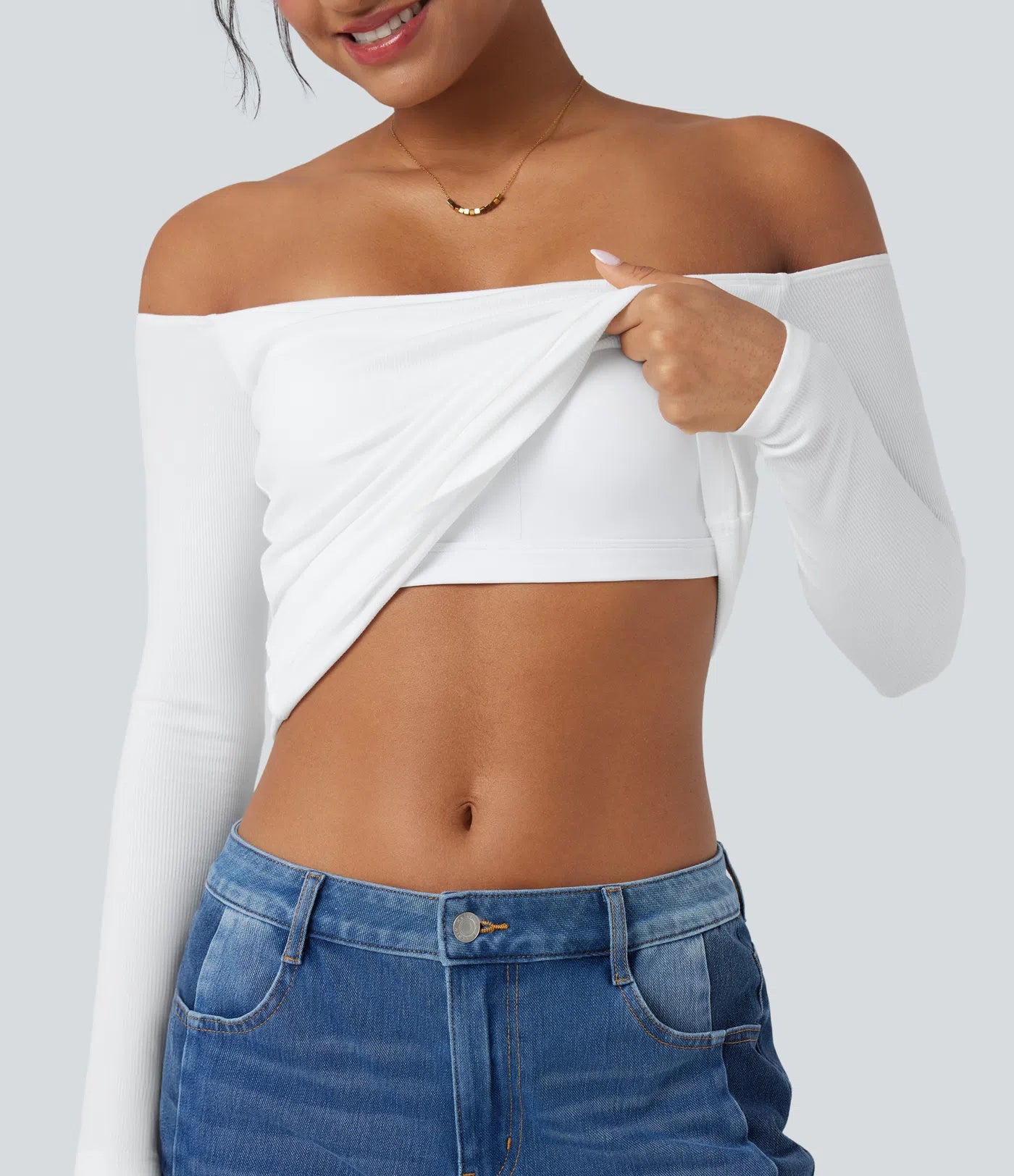 Ribbestrikket off-shoulder topp – 2-i-1 med lange ermer