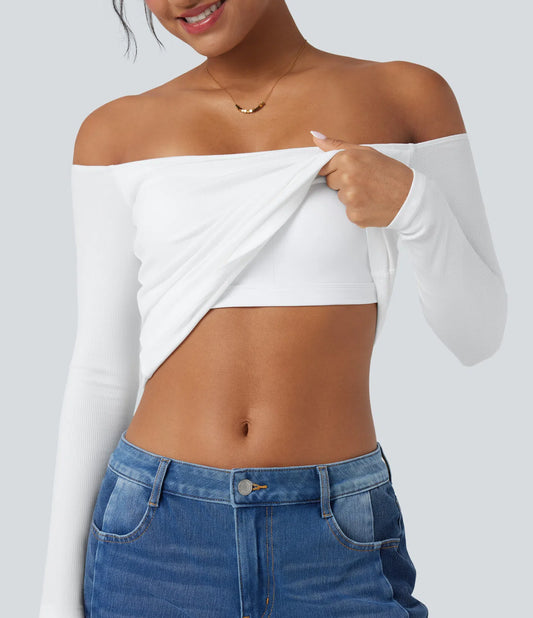 Ribbestrikket off-shoulder topp – 2-i-1 med lange ermer
