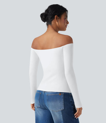Ribbestrikket off-shoulder topp – 2-i-1 med lange ermer