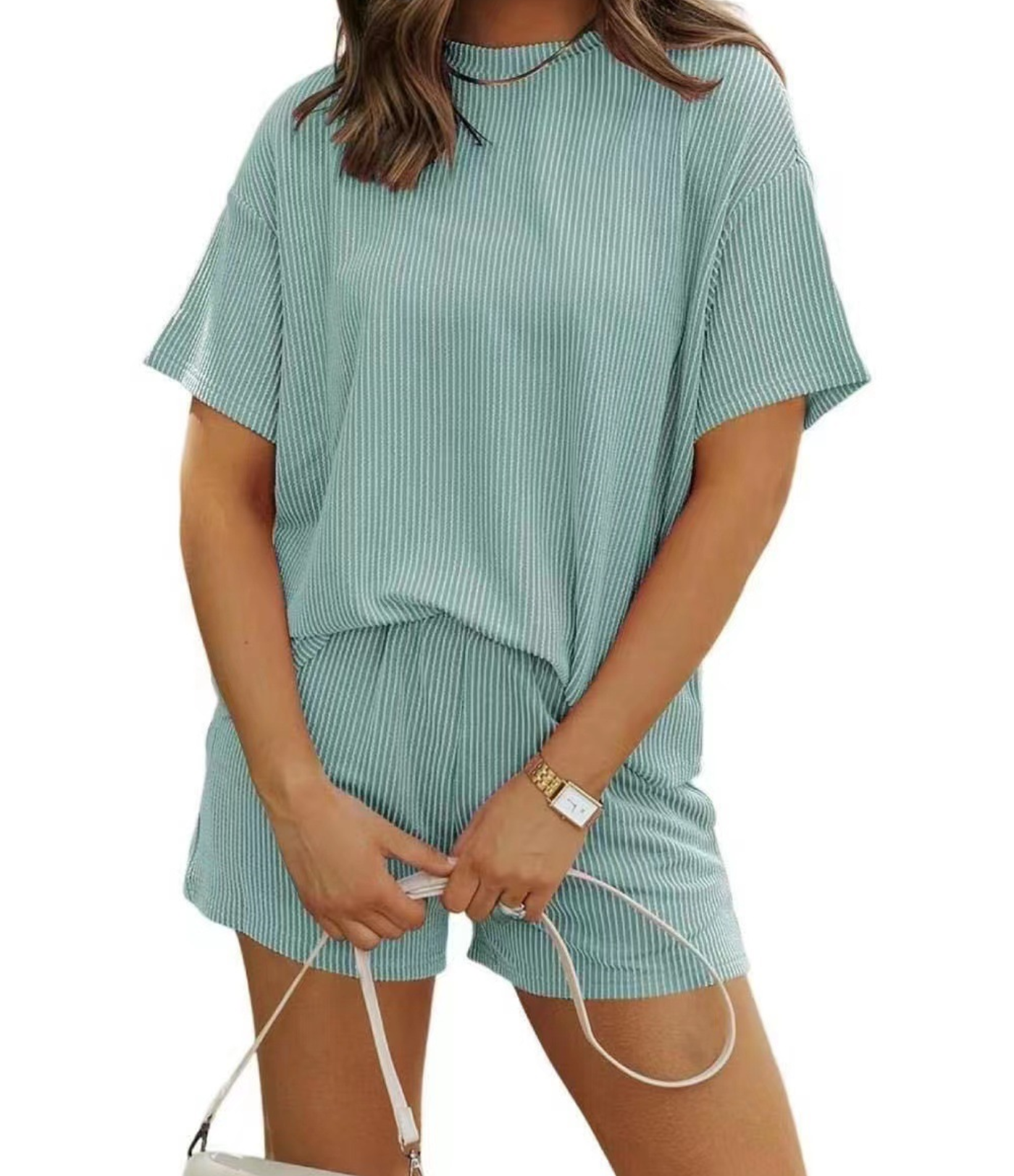 Nordyx™  Ribbestrikket loungessett med løs T-skjorte og shorts med lommer