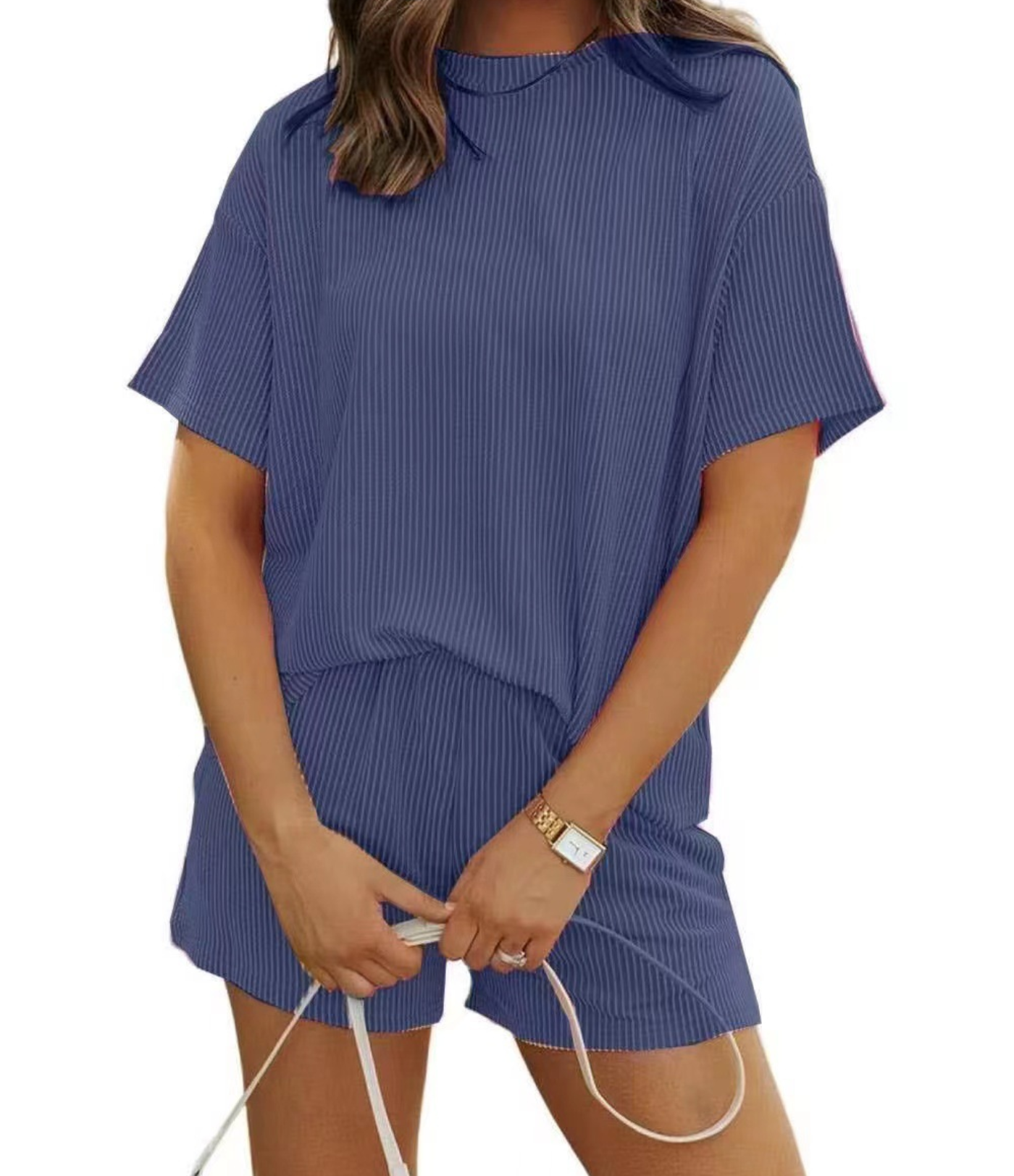 Nordyx™  Ribbestrikket loungessett med løs T-skjorte og shorts med lommer