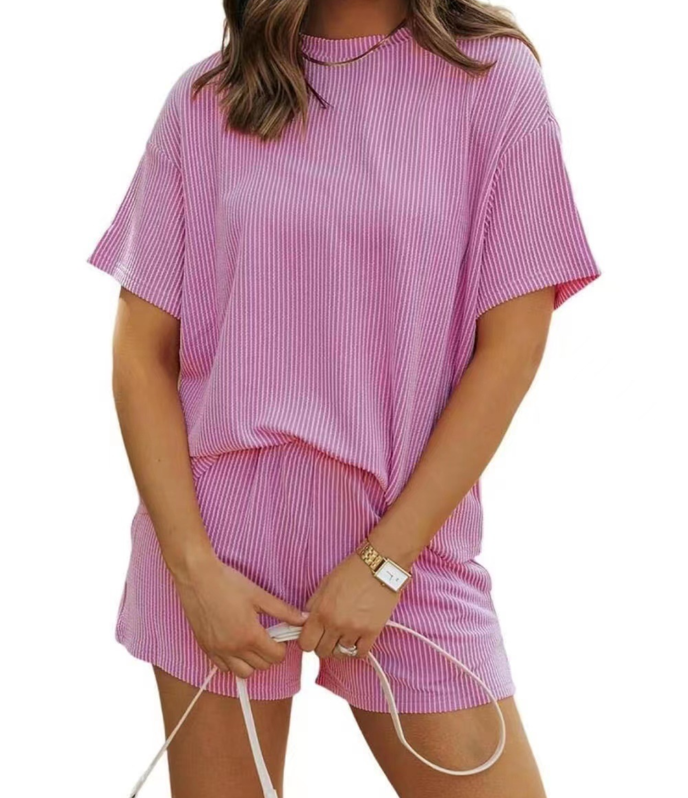 Nordyx™  Ribbestrikket loungessett med løs T-skjorte og shorts med lommer