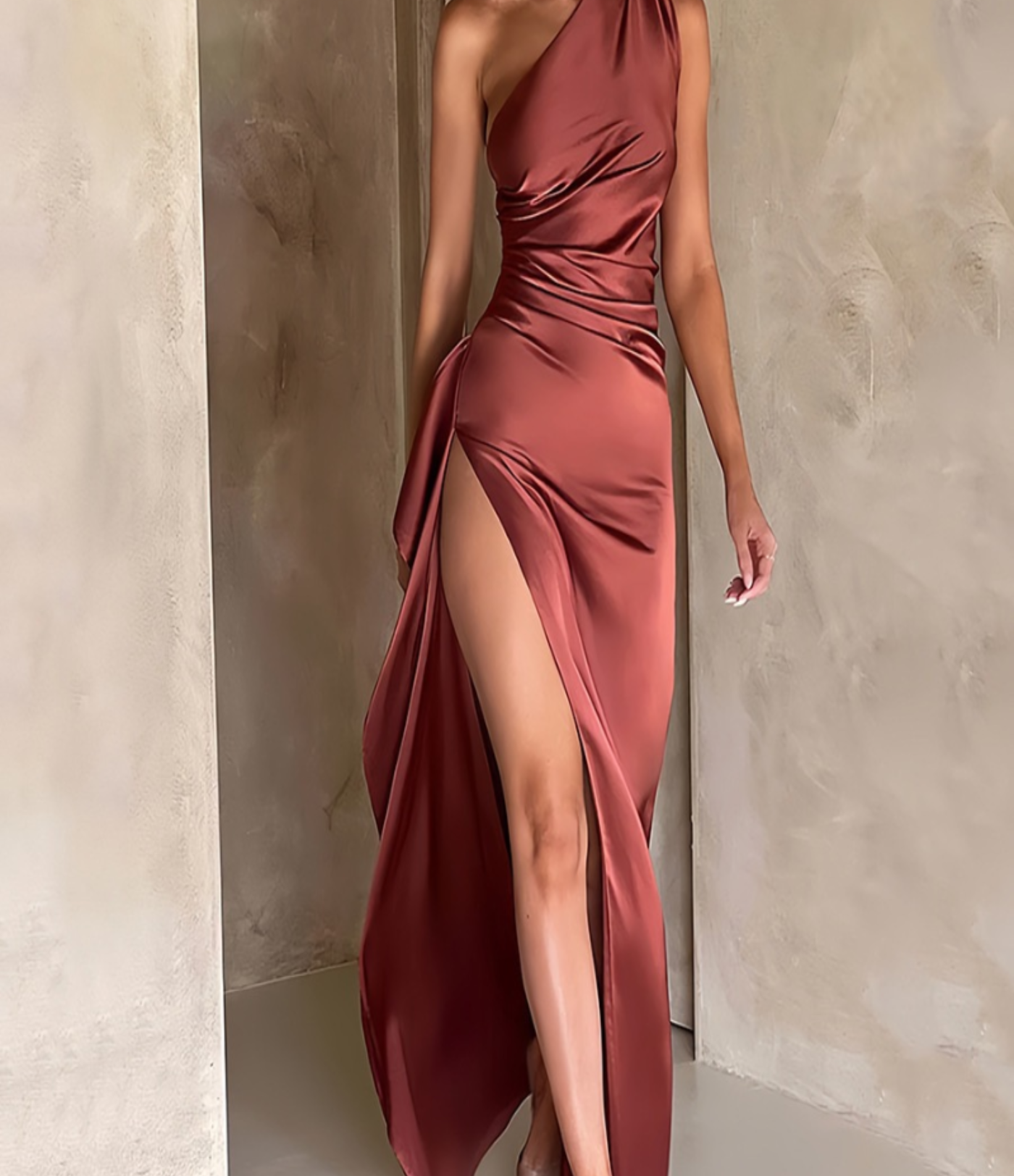 Nordyx™Elegant énskulders sateng maxikjole med høyt splitt