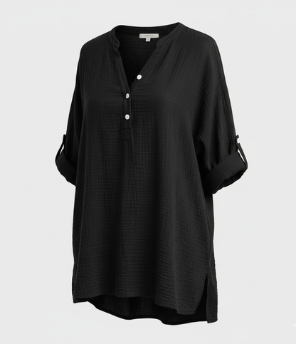 Uformell skjorte med V-hals, knapper og lange ermer