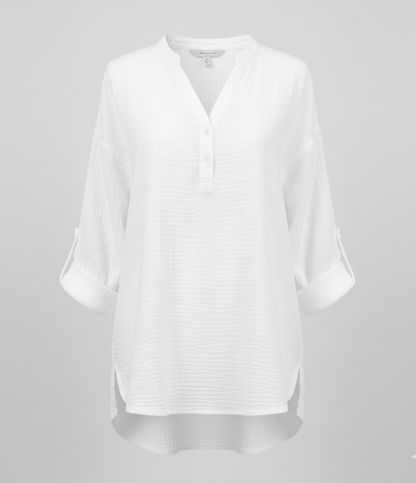 Uformell skjorte med V-hals, knapper og lange ermer