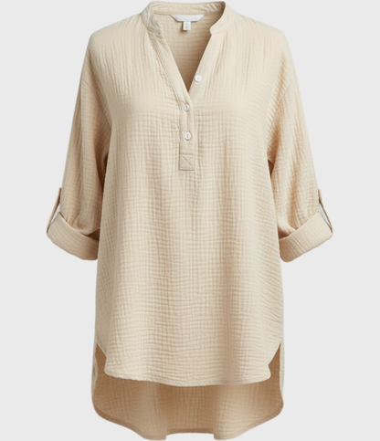 Uformell skjorte med V-hals, knapper og lange ermer