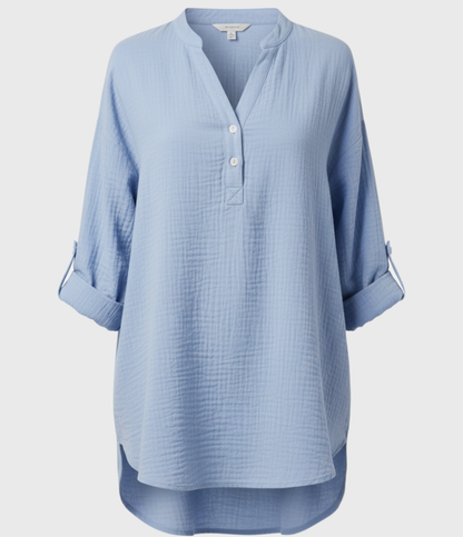 Uformell skjorte med V-hals, knapper og lange ermer