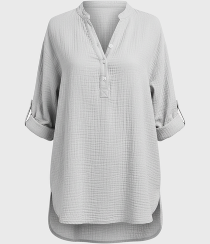 Uformell skjorte med V-hals, knapper og lange ermer