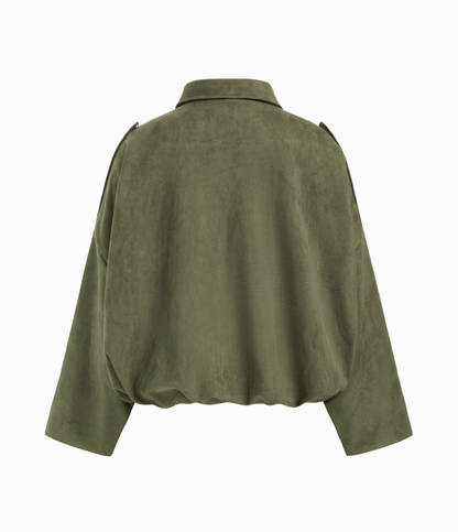 Oversized bomberjakke i semsket skinn