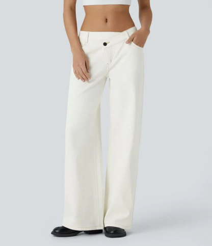 Flex Asymmetriske Lavt Liv Jeans Med Glidelåslommer, Baggy Wide Leg, Vasket Casual