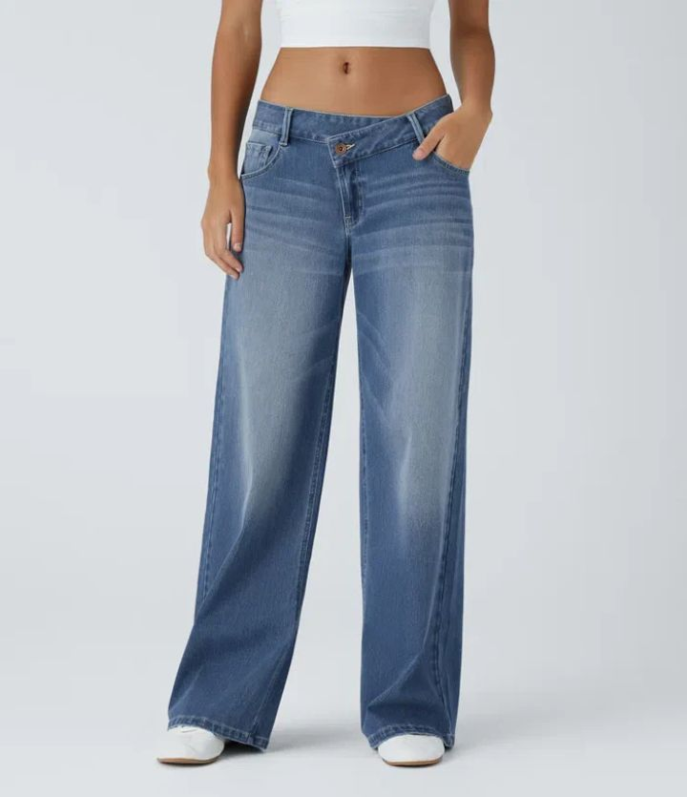 Flex Asymmetriske Lavt Liv Jeans Med Glidelåslommer, Baggy Wide Leg, Vasket Casual