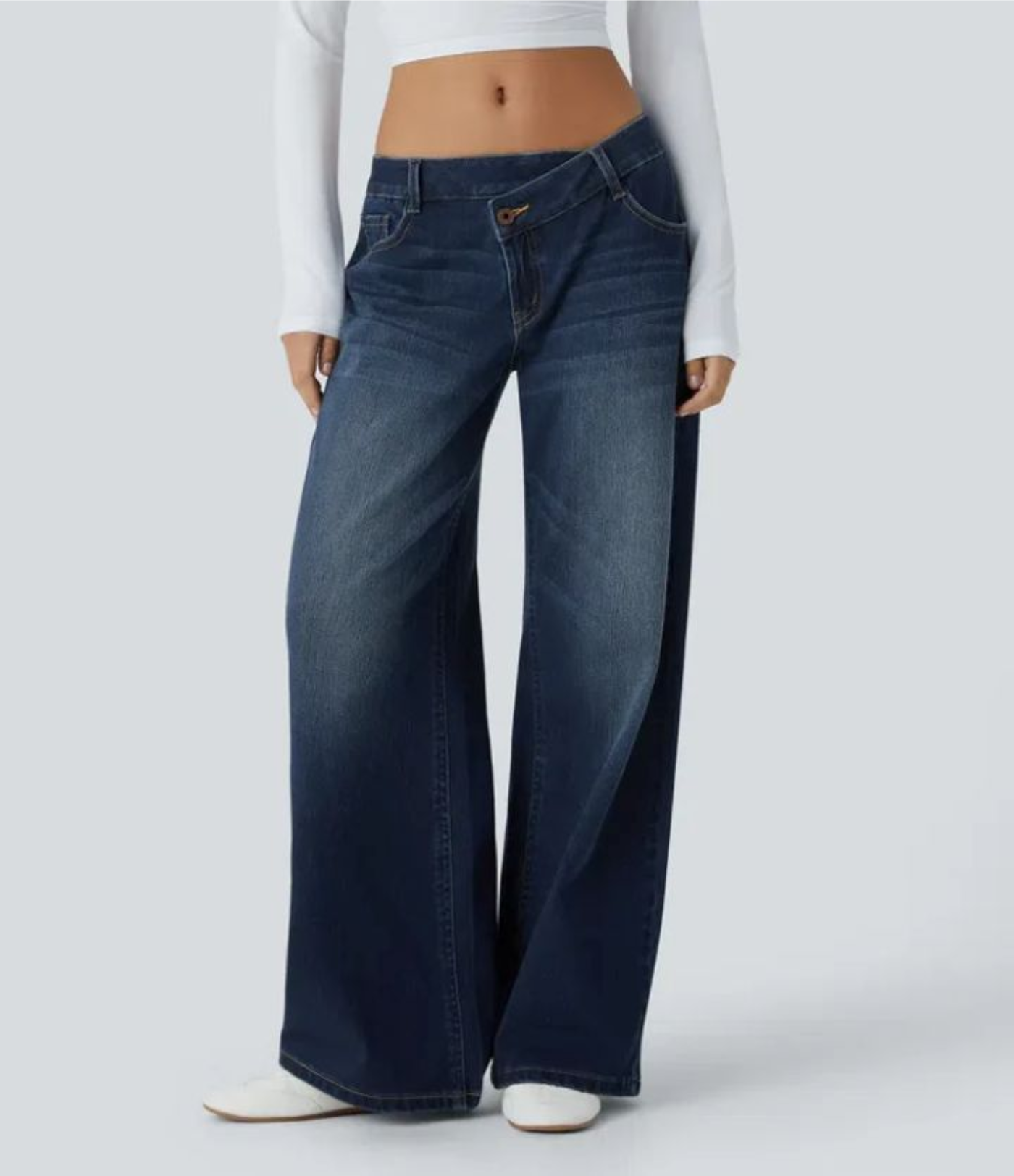 Flex Asymmetriske Lavt Liv Jeans Med Glidelåslommer, Baggy Wide Leg, Vasket Casual