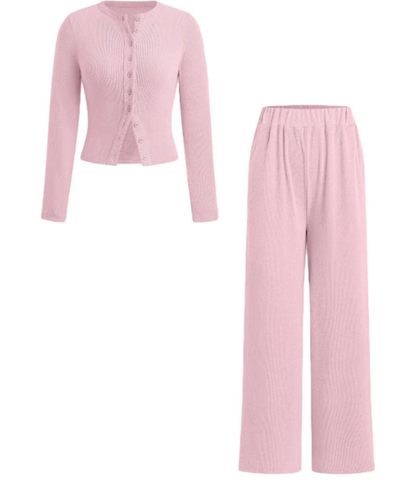 To-delt ribbestrikket topp og bukse med elastisk midje