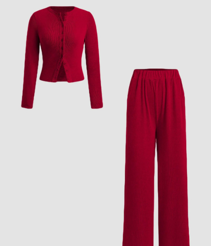 To-delt ribbestrikket topp og bukse med elastisk midje