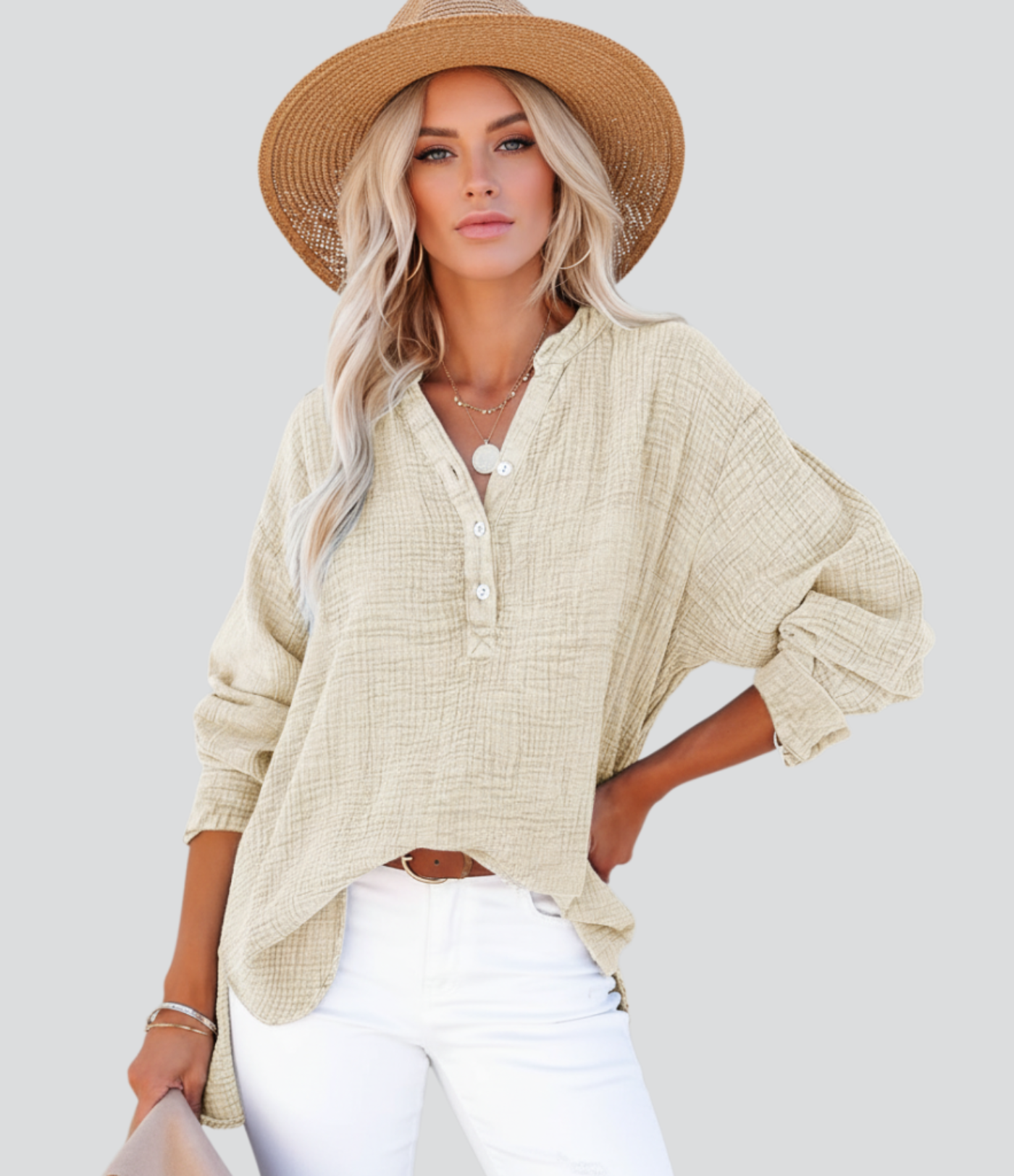 Uformell skjorte med V-hals, knapper og lange ermer