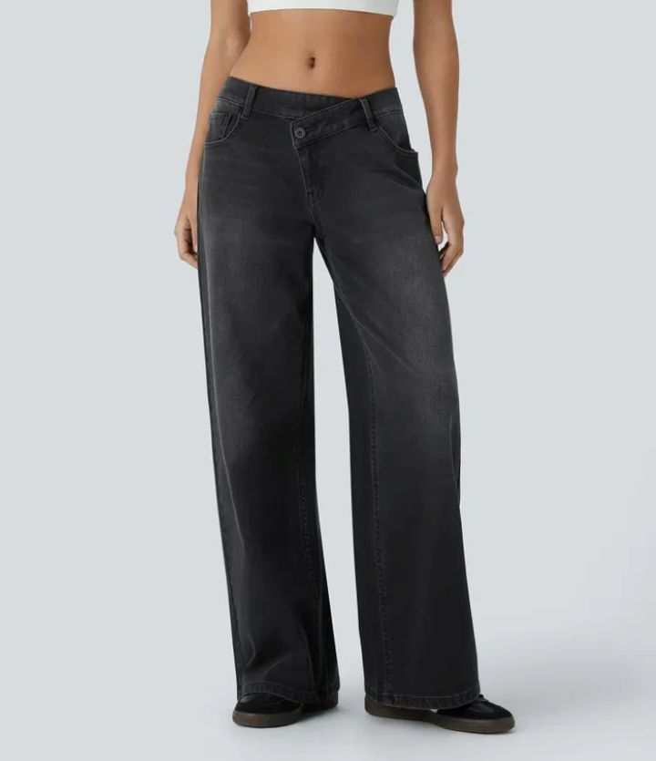 Flex Asymmetriske Lavt Liv Jeans Med Glidelåslommer, Baggy Wide Leg, Vasket Casual