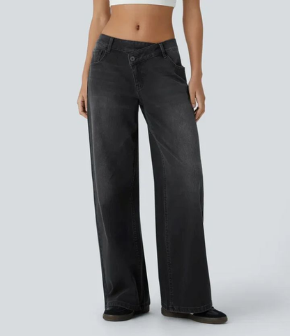 Flex Asymmetriske Lavt Liv Jeans Med Glidelåslommer, Baggy Wide Leg, Vasket Casual